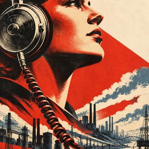 Puede incluir: Una ilustración gráfica que muestra a una persona con auriculares grandes y un cable en espiral. El fondo representa un paisaje industrial con fábricas, chimeneas, vías de tren y torres de alta tensión en tonos rojos, negros y crema.