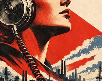 Puede incluir: Una ilustración gráfica que muestra a una persona con auriculares grandes y un cable en espiral. El fondo representa un paisaje industrial con fábricas, chimeneas, vías de tren y torres de alta tensión en tonos rojos, negros y crema.