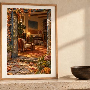 Puede incluir: Una l&aacute;mina de arte enmarcada que muestra una vista interior a trav&eacute;s de puertas azules abiertas hacia una acogedora sala de estar llena de follaje oto&ntilde;al, iluminaci&oacute;n c&aacute;lida, una silla de madera y una estanter&iacute;a en una pared.