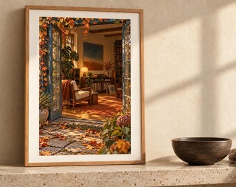 May include: A framed wall art print featuring an interior view through open blue doors into a cozy living room filled with autumn foliage, warm lighting, a wooden chair, and a bookshelf, all set against a neutral textured wall background.
