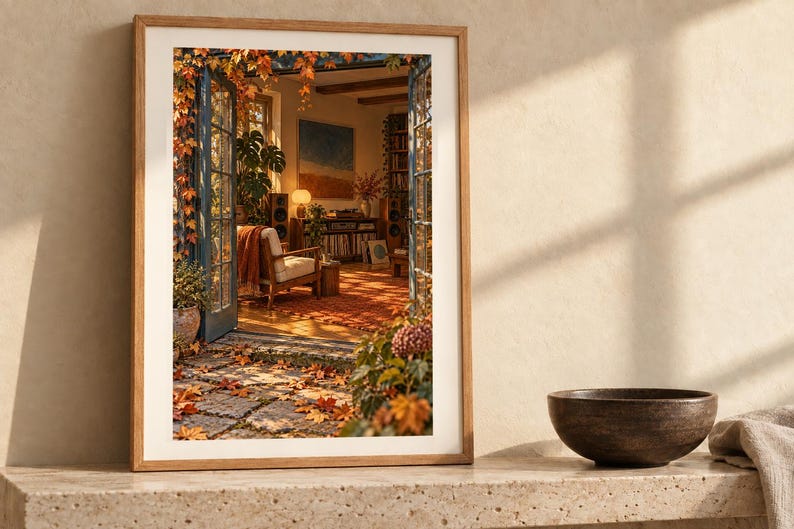 Puede incluir: Una l&aacute;mina de arte enmarcada que muestra una vista interior a trav&eacute;s de puertas azules abiertas hacia una acogedora sala de estar llena de follaje oto&ntilde;al, iluminaci&oacute;n c&aacute;lida, una silla de madera y una estanter&iacute;a en una pared.