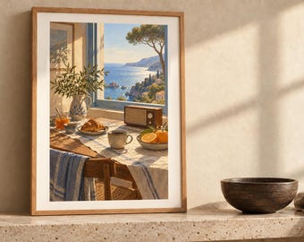 May include: A framed wall art print depicting a sunlit breakfast table by an open window overlooking a coastal sea view. The scene includes a croissant, a cup of coffee, oranges, a vintage radio, and a pitcher with greenery on a table.