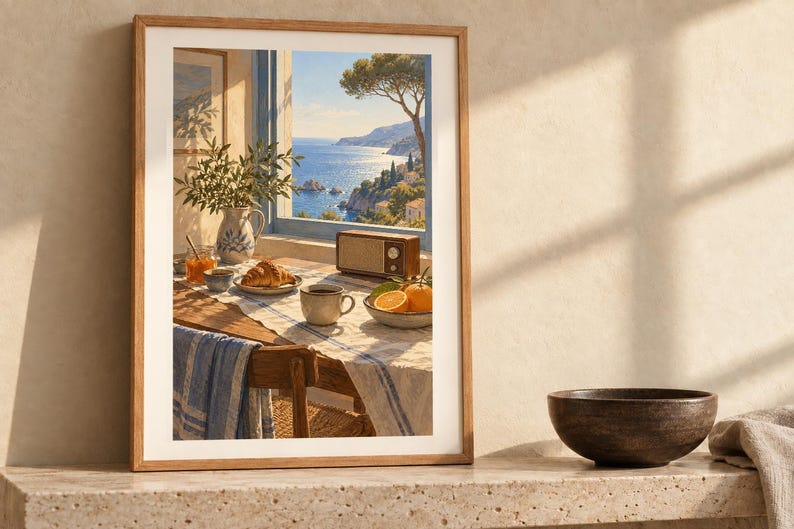 May include: A framed wall art print depicting a sunlit breakfast table by an open window overlooking a coastal sea view. The scene includes a croissant, a cup of coffee, oranges, a vintage radio, and a pitcher with greenery on a table.