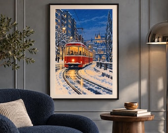 May include: A framed vertical wall art print depicting a bright red tram traveling along snow-covered tracks at night. The scene features illuminated city buildings, bare trees dusted with snow, and a glowing headlight on the tram.