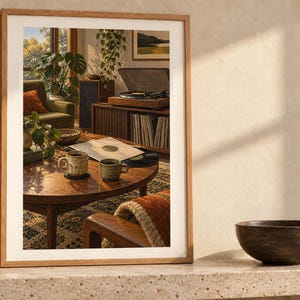 May include: A framed wall art print featuring a living room scene with a wooden coffee table, two ceramic mugs, a vinyl record player, and indoor plants. The artwork is displayed in a light wood frame, resting on a textured stone surface.
