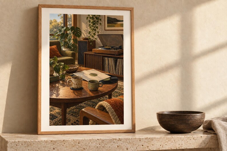 May include: A framed wall art print featuring a living room scene with a wooden coffee table, two ceramic mugs, a vinyl record player, and indoor plants. The artwork is displayed in a light wood frame, resting on a textured stone surface.