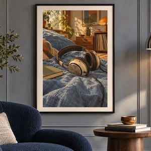 May include: A framed wall art print depicting a pair of over-ear headphones resting on a blue textured bedspread. The scene inside the frame shows a sunlit bedroom interior with a window, plants, and a wooden nightstand in the background.