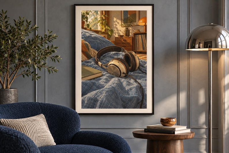 May include: A framed wall art print depicting a pair of over-ear headphones resting on a blue textured bedspread. The scene inside the frame shows a sunlit bedroom interior with a window, plants, and a wooden nightstand in the background.