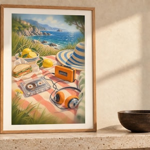May include: A framed art print depicting a coastal picnic scene on a red and white checkered blanket. The image features a sandwich, a bowl of lemons, a blue and white striped sun hat, an orange portable radio, and wired orange headphones.