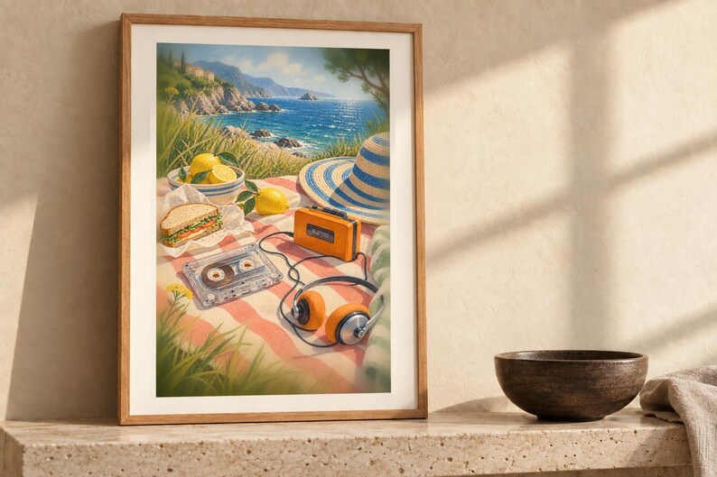 May include: A framed art print depicting a coastal picnic scene on a red and white checkered blanket. The image features a sandwich, a bowl of lemons, a blue and white striped sun hat, an orange portable radio, and wired orange headphones.