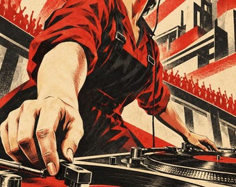 May include: A graphic illustration featuring a person wearing headphones and operating two turntables. The person wears a red shirt and black overalls. The background displays a red and white sunburst pattern with silhouettes of a crowd and buildings.