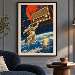 May include: A framed wall art print depicting an astronaut floating in space, reaching toward a vintage wooden radio. The scene features a large red planet, a view of Earth with blue oceans and white clouds, and a dark starry sky background.