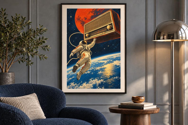 May include: A framed wall art print depicting an astronaut floating in space, reaching toward a vintage wooden radio. The scene features a large red planet, a view of Earth with blue oceans and white clouds, and a dark starry sky background.