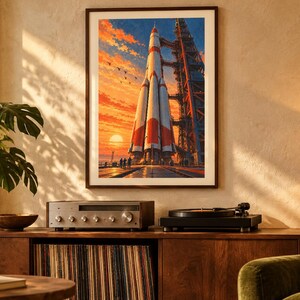 May include: A framed vertical wall art print depicting a large white and red rocket standing on a launch pad at sunset. The sky is filled with orange and yellow clouds, and a tall metal gantry structure stands beside the rocket.