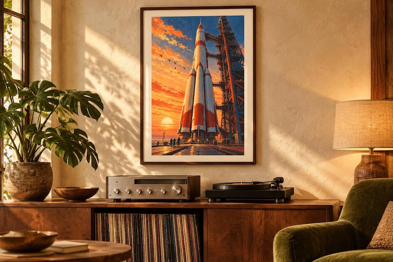 May include: A framed vertical wall art print depicting a large white and red rocket standing on a launch pad at sunset. The sky is filled with orange and yellow clouds, and a tall metal gantry structure stands beside the rocket.