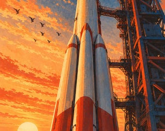 May include: A tall white and red rocket stands vertically on a launch pad next to a large metal gantry structure. The scene is set against a vibrant orange sunset sky with a flock of birds flying in the distance and small figures standing below.