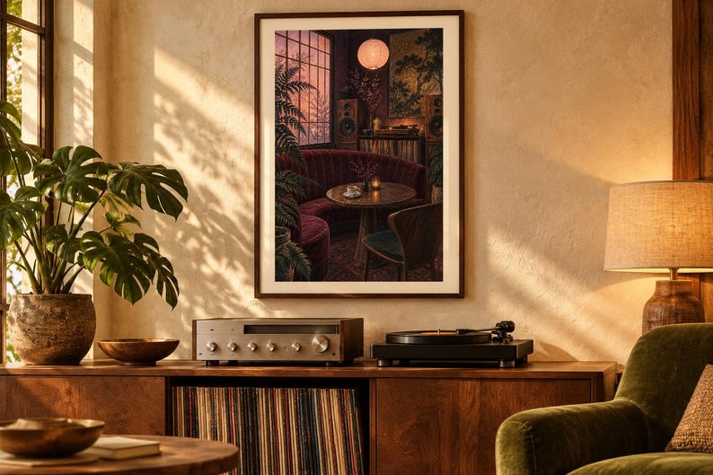May include: A framed vertical wall art print depicting a cozy, dimly lit lounge interior with a curved burgundy booth, a round wooden table, a record player, and a warm glowing paper lantern, all set against a window with a sunset view.