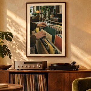 May include: A framed wall art print depicting a person browsing through a collection of vinyl records in a shop. The image features rows of colorful record sleeves in a wooden bin, with a warm, indoor setting visible in the background.