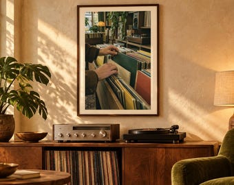May include: A framed wall art print depicting a person browsing through a collection of vinyl records in a shop. The image features rows of colorful record sleeves in a wooden bin, with a warm, indoor setting visible in the background.