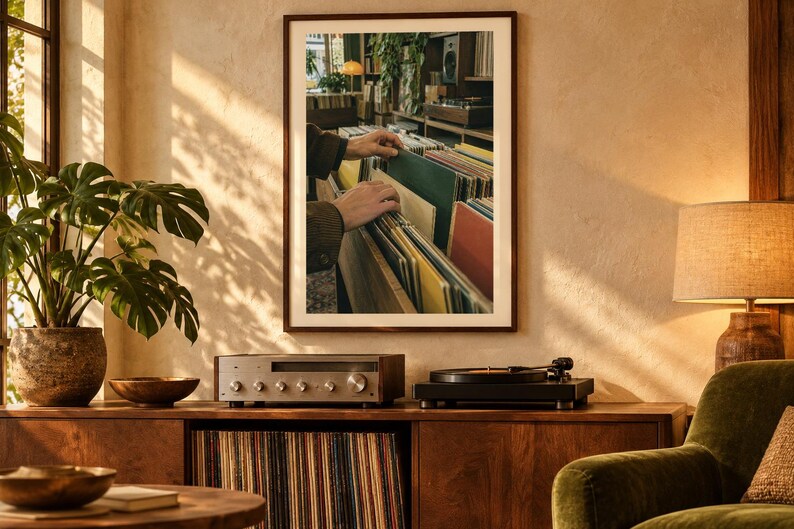 May include: A framed wall art print depicting a person browsing through a collection of vinyl records in a shop. The image features rows of colorful record sleeves in a wooden bin, with a warm, indoor setting visible in the background.