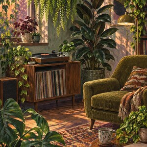 May include: A living room interior featuring a wooden record player console filled with vinyl records, a green velvet armchair with a patterned throw, a round wooden coffee table, and numerous potted houseplants including a large rubber plant.