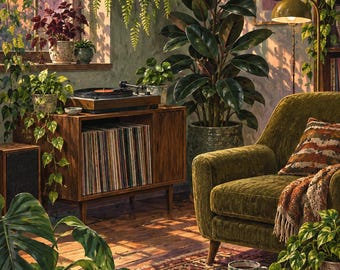 May include: A living room interior featuring a wooden record player console filled with vinyl records, a green velvet armchair with a patterned throw, a round wooden coffee table, and numerous potted houseplants including a large rubber plant.