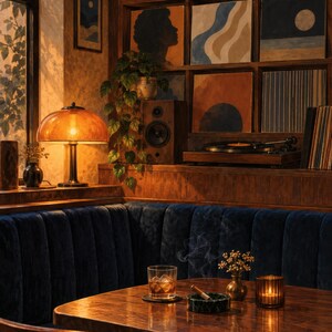 May include: A dark wood table features a glass of amber liquid with ice, a lit cigar in a green ashtray, and a small vase of dried flowers. A blue velvet booth sits nearby, illuminated by a warm orange lamp and a small candle.