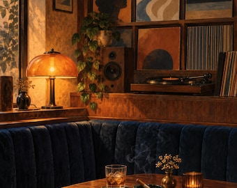 Puede incluir: Una mesa de madera oscura presenta un vaso con líquido ámbar y hielo, un cigarro encendido en un cenicero verde y un pequeño florero con flores secas. Un banco de terciopelo azul se ilumina con una lámpara naranja y una vela.