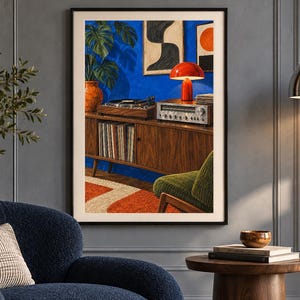May include: A framed art print depicting a vibrant blue room with a wooden media console, a record player, a vintage receiver, a red mushroom lamp, a green armchair, a monstera plant, and abstract wall art above a patterned orange and white rug.