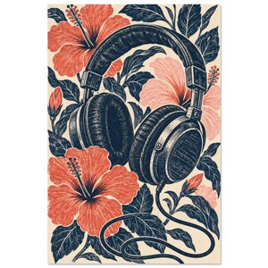 Vintage Headphones Hibiscus Art Print, Linocut Style, 1970s Music Illustration image 3