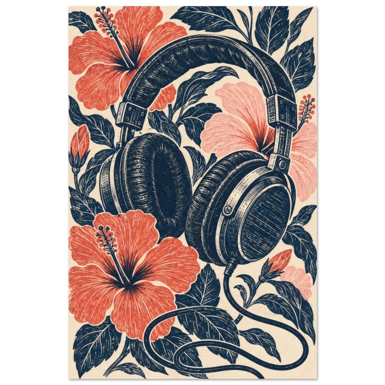 Vintage Headphones Hibiscus Art Print, Linocut Style, 1970s Music Illustration image 3