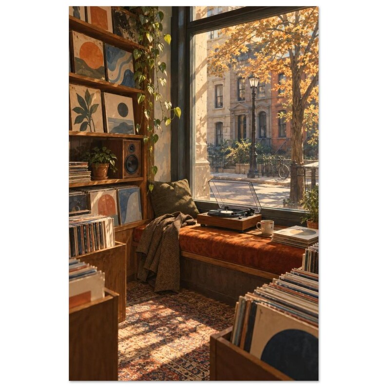 Record Shop Window Seat Art Print, 1970s Music Culture Scene (Unframed Print) 40 × 60 cm / 16 × 24 in