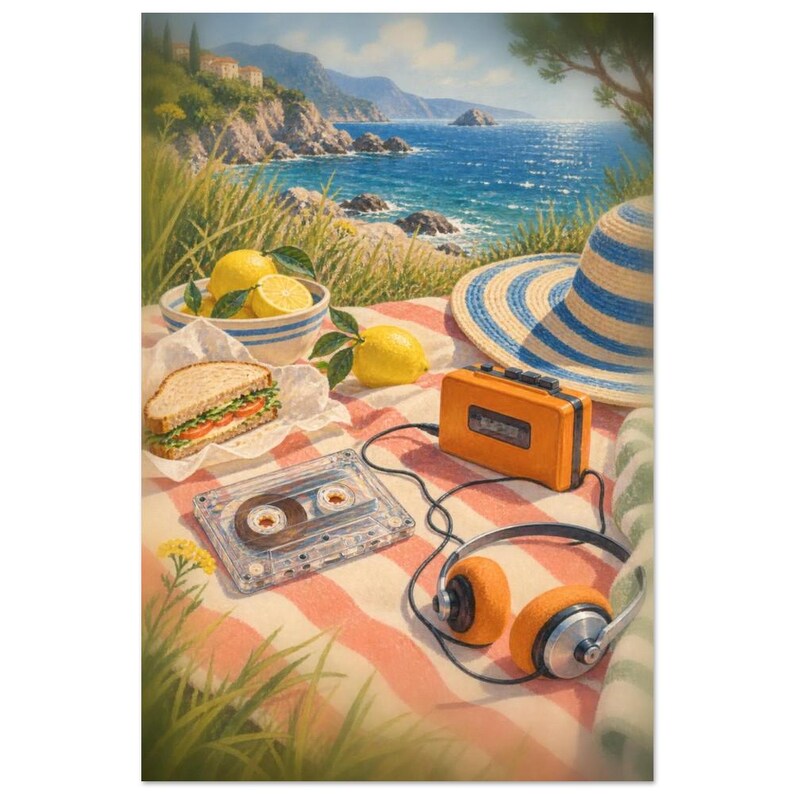 Seaside Cassette Picnic Art Print, Sunday Stereo Illustrated Style (Unframed) image 3