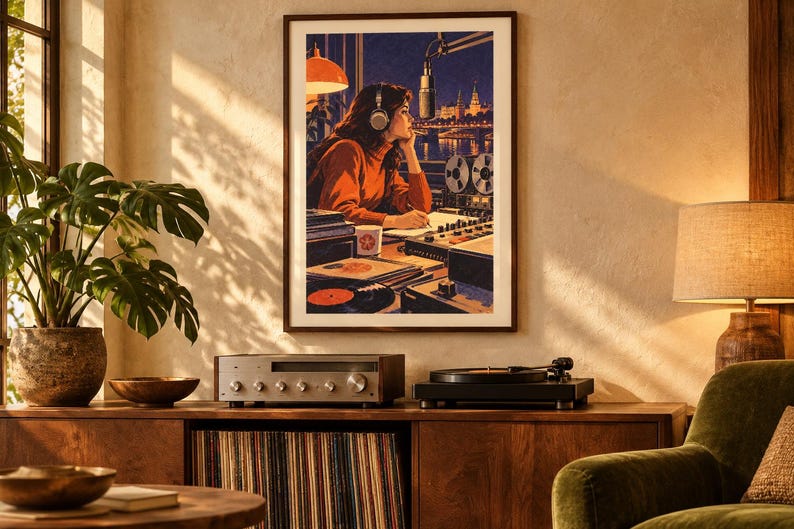 May include: A framed wall art print depicting a person in a rust-colored sweater wearing headphones at a radio broadcast station, with a microphone, mixing console, and reel-to-reel tape recorder, set against a nighttime city skyline backdrop.