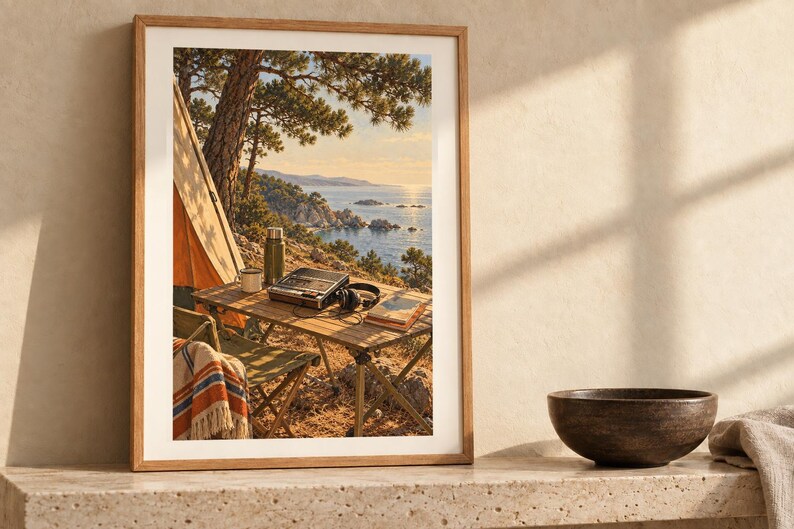 May include: A framed wall art print depicting a camping scene with a tent, a folding table, a thermos, a radio, headphones, and a book overlooking a coastal landscape with pine trees and the ocean under a warm, golden sunset sky.