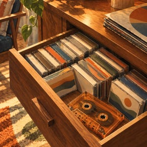 May include: A wooden drawer containing a collection of cassette tapes in clear plastic cases, featuring various abstract graphic designs. One translucent orange cassette tape rests outside its case in the front of the drawer.