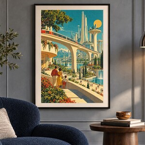 May include: A framed vertical wall art print depicting a futuristic city with tall white towers, a monorail, and a yellow sun. The scene shows a family overlooking a park with water features, lush green trees, and red flowers under a blue sky.