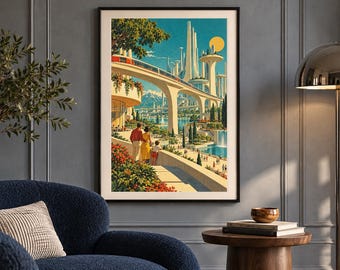 May include: A framed vertical wall art print depicting a futuristic city with tall white towers, a monorail, and a yellow sun. The scene shows a family overlooking a park with water features, lush green trees, and red flowers under a blue sky.