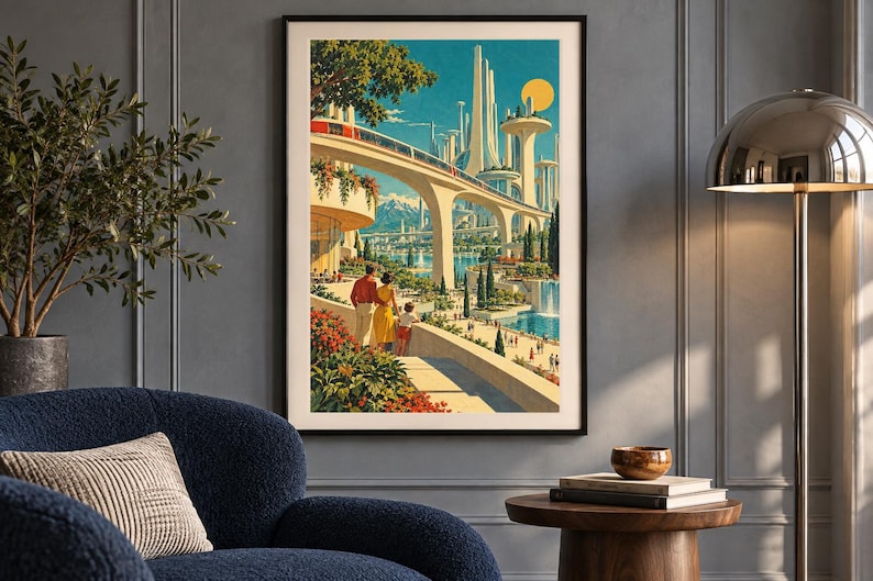 May include: A framed vertical wall art print depicting a futuristic city with tall white towers, a monorail, and a yellow sun. The scene shows a family overlooking a park with water features, lush green trees, and red flowers under a blue sky.