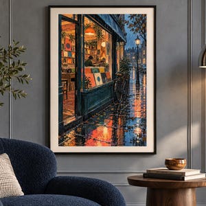 May include: A framed vertical wall art print depicting a rainy street scene at night with a brightly lit shop window filled with colorful records. The artwork features a dark storefront, a bicycle parked outside, and reflections on the wet pavement.