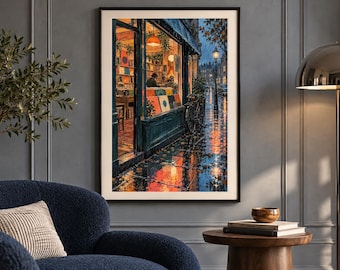 May include: A framed vertical wall art print depicting a rainy street scene at night with a brightly lit shop window filled with colorful records. The artwork features a dark storefront, a bicycle parked outside, and reflections on the wet pavement.