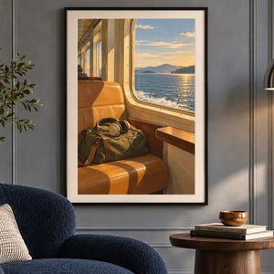 May include: A framed wall art print depicting a view from a train window at sunset. The scene shows a tan leather seat with an olive green duffel bag and headphones resting on it, overlooking a calm sea with distant mountains under a golden sky.
