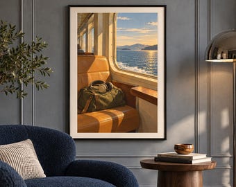 May include: A framed wall art print depicting a view from a train window at sunset. The scene shows a tan leather seat with an olive green duffel bag and headphones resting on it, overlooking a calm sea with distant mountains under a golden sky.