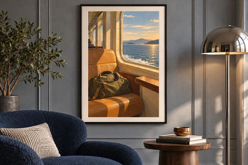 Puede incluir: Una l&aacute;mina de arte mural enmarcada que muestra una vista desde la ventana de un tren al atardecer. La escena presenta un asiento de cuero color canela con una bolsa de viaje verde oliva y auriculares encima, frente a un mar en calma.