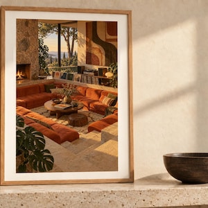 May include: A framed wall art print featuring a sunken living room with a large orange sectional sofa, a round wooden coffee table, a stone fireplace, and floor-to-ceiling windows overlooking a landscape, all set within a light-toned wooden frame.