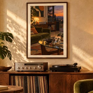 May include: A rectangular wall art print in a dark wood frame depicting a living room interior with a green sofa, glass coffee table, and sunset view. The artwork is displayed above a wooden media console featuring a silver receiver and turntable.