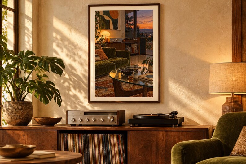 May include: A rectangular wall art print in a dark wood frame depicting a living room interior with a green sofa, glass coffee table, and sunset view. The artwork is displayed above a wooden media console featuring a silver receiver and turntable.