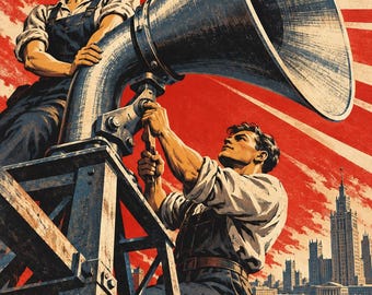 May include: A propaganda-style poster illustration featuring two figures in work clothes operating a large metal megaphone mounted on a steel tower. The background displays a vibrant red sky with radiating white lines and a city skyline.