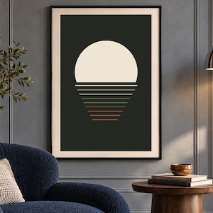 May include: A framed wall art print featuring a large cream-colored semi-circle sun positioned above a series of horizontal lines that transition in color from cream to orange, set against a solid dark charcoal background.