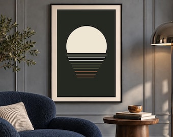 May include: A framed wall art print featuring a large cream-colored semi-circle sun positioned above a series of horizontal lines that transition in color from cream to orange, set against a solid dark charcoal background.